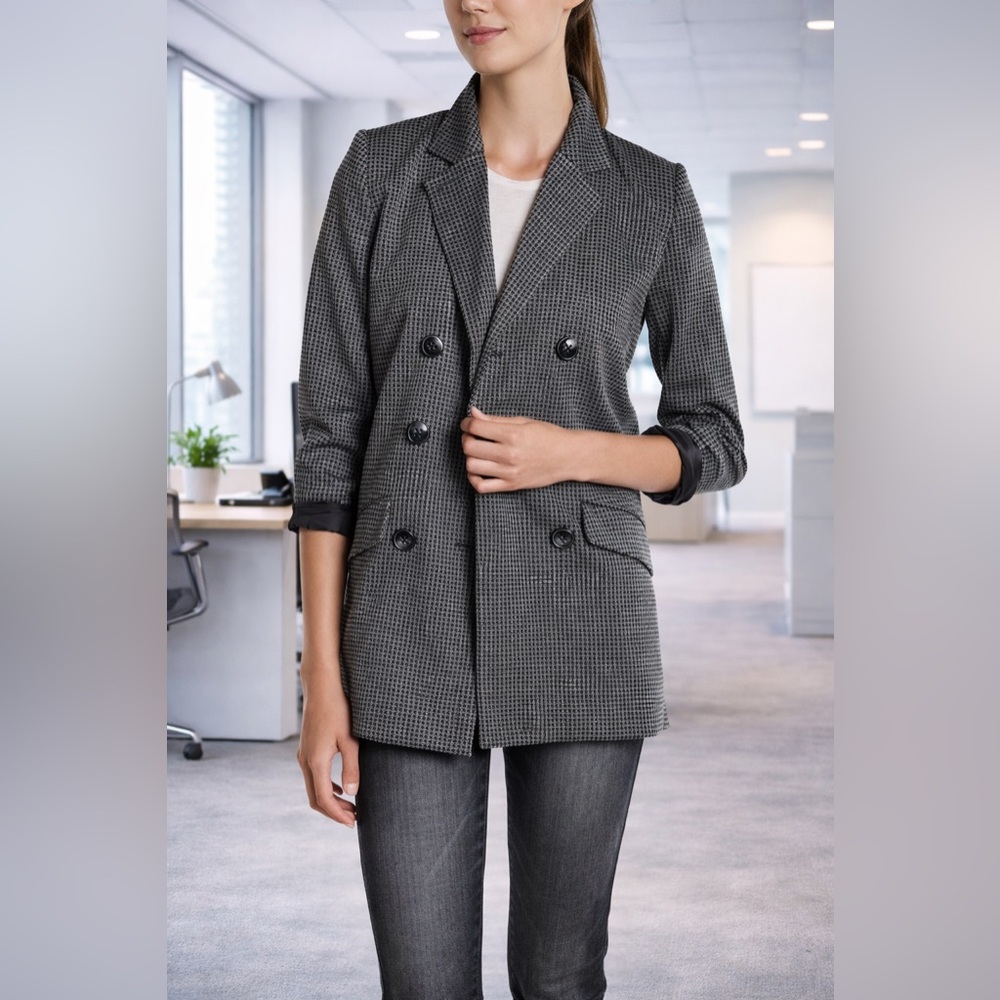JOLT Houndstooth Double-Breasted Long Blazer